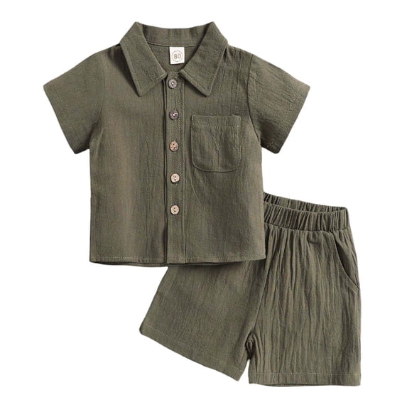 Oiyii Infant Boys Summer Linen Outfits Solid Short Sleeve Button-Down Shirt Shorts Set