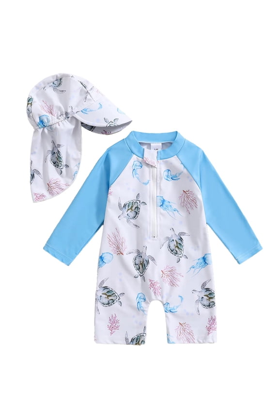 Boys Summer One-Piece Swimsuit Crab Print Long Sleeve Bathing Suit with Hat