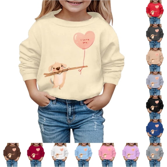 Oiyii Girl's Puppy Heart Balloon Cartoon Graphic Sweatshirt Long Sleeve Crew Neck Printed Sweatshirts Daily Casual Pullover Top,Beige
