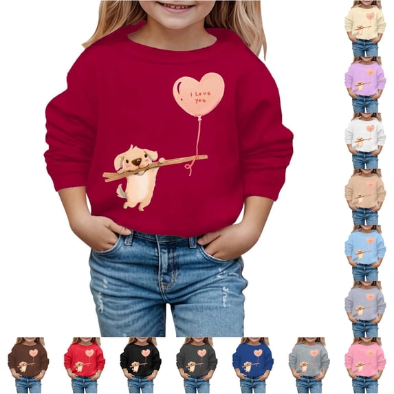 Oiyii Girl's Puppy Heart Balloon Cartoon Graphic Sweatshirt Long Sleeve Crew Neck Printed Sweatshirts Daily Casual Pullover Top,Red