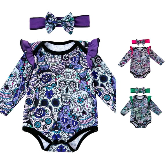 Oiyii Infant Girl's Whimsical Halloween Romper Long Sleeve Sugar Skull Bodysuit Newborn Jumpsuit,Purple