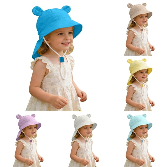 Oiyii Infant Girls Adjustable Bucket Hats Bear‑Ear Trim Camping Sun Hats, Sky Blue