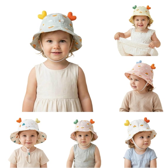 Oiyii Infant Girls Cute Sun Hats Heart‑Ornament Rainbow‑Printed Bucket Hats, Light Blue