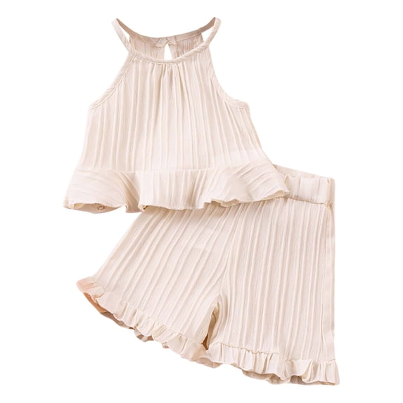 Oiyii Infant Girls Summer Outfits Solid Ruffle Sleeveless Top Shorts Set, Sizes 12-24 Months
