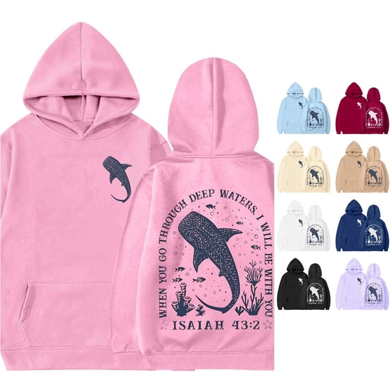 Oiyii Little Boy' Whale Isaiah 43:2 Bible Verse Front Back Graphic Hoodie Long Sleeve Faith Hooded Sweatshirt Pullover Top,Pink