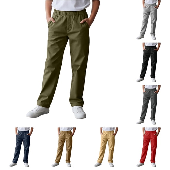Oiyii Little Boy's Elastic Waist Chino Pants Solid Straight Leg Casual Trousers Everyday School Pants,Army Green