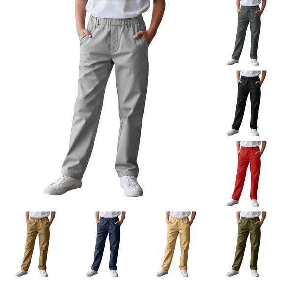 Oiyii Little Boy's Elastic Waist Chino Pants Solid Straight Leg Casual Trousers Everyday School Pants,Grey