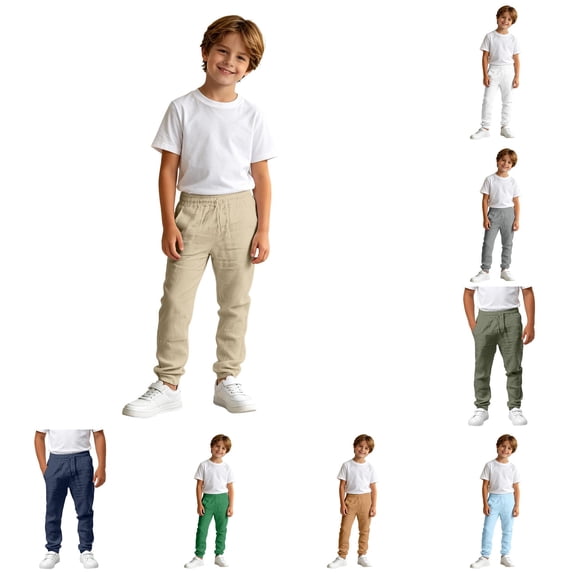 Oiyii Little Boy's Elastic Waist Pants Solid Linen Straight Leg Casual Trousers Everyday Wear Bottoms,Beige