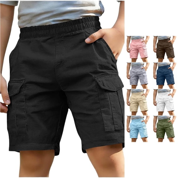 Oiyii Little Boy's Multi Pocket Cargo Shorts Solid Elastic Casual Short Pants Summer Outdoor Bottoms,Black