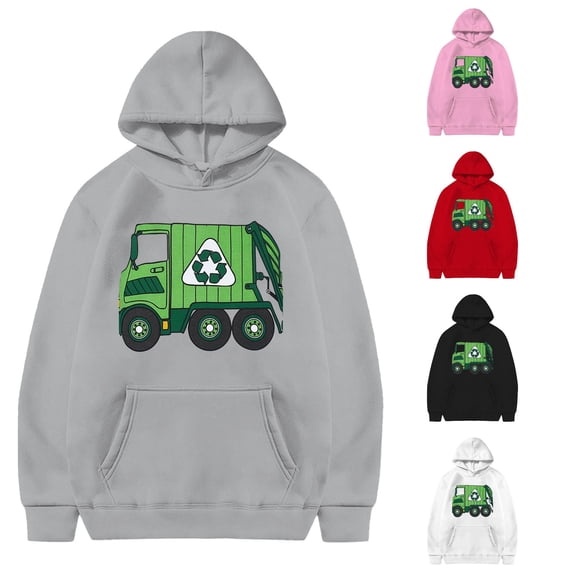 Oiyii Little Boy's Recycling Garbage Truck Graphic Hoodie Long Sleeve Printed Casual Hooded Sweatshirt Soft Pullover Top,Grey