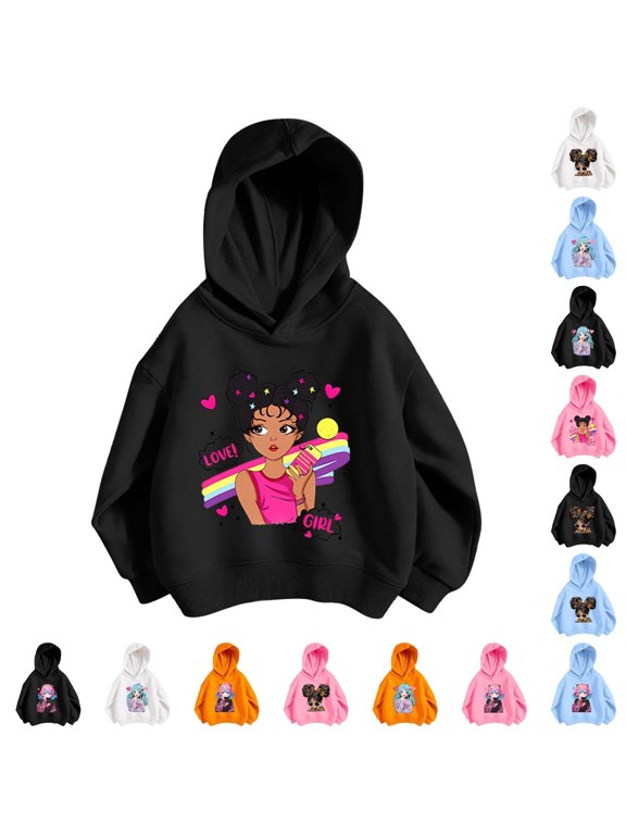 Little Girl's Anime Graphic Hoodie For Little Girls Long Sleeve Messy Bun Leopard Bow Print Play Casual Hooded Sweatshirt,BK3