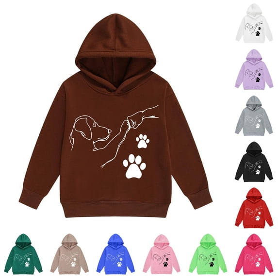 Oiyii Little Girl's Dog Paw Hand Line Hoodie Long Sleeve Hooded Sweatshirt Casual Soft Pullover Top,Brown