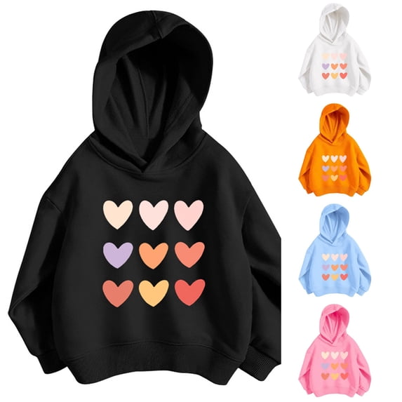 Oiyii Little Girl's Pastel Graphic Hoodie Long Sleeve Multi Tone Heart Grid Print Outdoor Casual Hooded Sweatshirt,Black