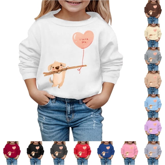 Oiyii Little Girl's Puppy Heart Balloon Cartoon Graphic Sweatshirt Long Sleeve Crew Neck Printed Sweatshirts Daily Casual Pullover Top,White