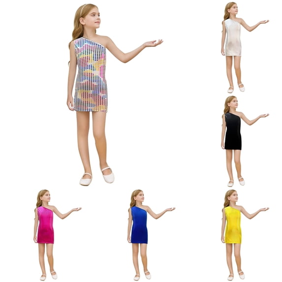 Oiyii Little Girl's Textured Shine Summer Halloween Mini Dress One Shoulder Solid Slim Skirts,Multicolour