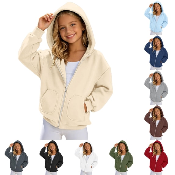 Oiyii Little Girls' Loose Fit Zip Up Hoodie Solid Long Sleeve Casual Hooded Sweatshirt Daily School Hoody Sweatshirts,Beige