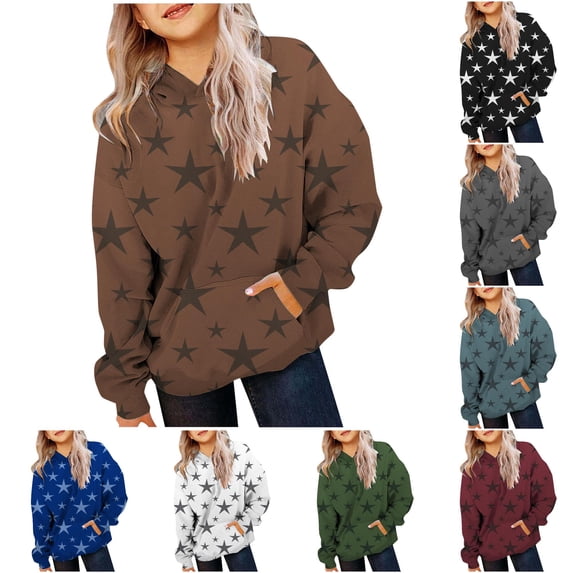 Oiyii Little Girls Star Allover Print Hoodie Long Sleeve Printed Casual Hooded Sweatshirt Oversize Pullover Top,Coffee