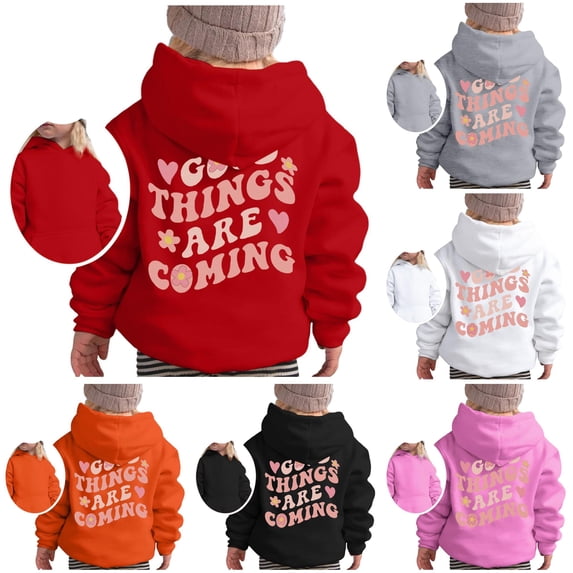 Oiyii Little Girls' Sweet Floral Slogan Pullover Hoodie Back Graphic Long Sleeve Casual Hooded Sweatshirt Daily Pullover Top,Red