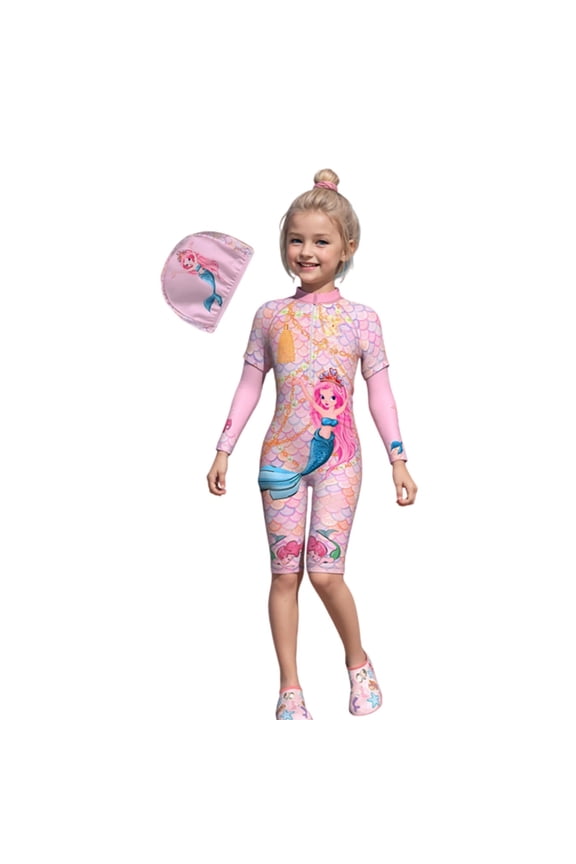 Little Girls Swimsuit Cute Cartoon Print Long Sleeve Rash Guard Beach Bathing Suit
