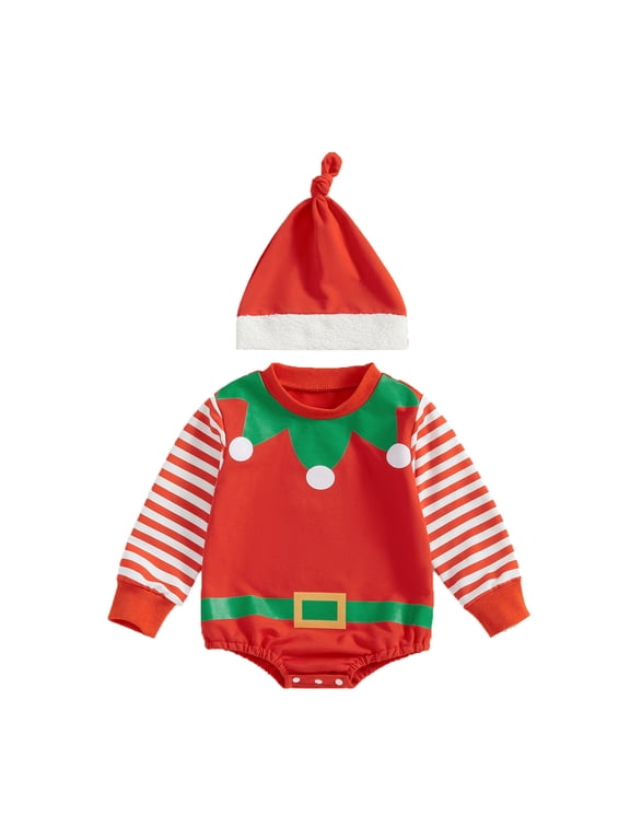Newborn Boy 2-Piece Romper Elf Graphic Long Sleeve Bodysuit Holiday Jumpsuit
