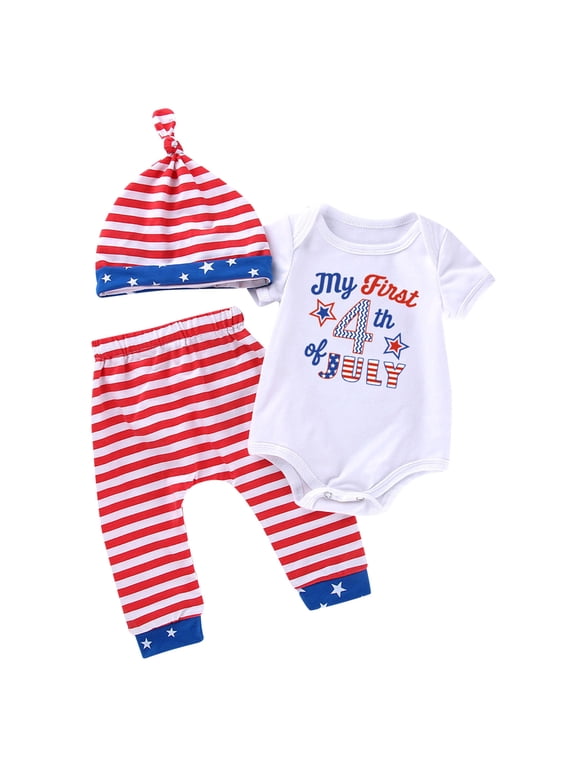 Newborn Boy 3 Piece My First 4th Of July Outfit Set Short Sleeve Graphic Bodysuit Striped Pants Hat Clothse Set