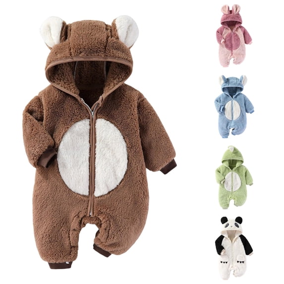 Oiyii Newborn Boy Hooded Romper Panda Fleece Long Sleeve Jumpsuit Everyday Bodysuit