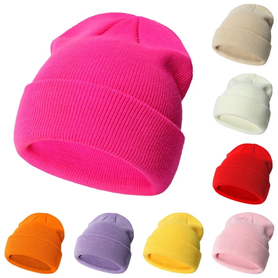 Oiyii Newborn Boy's Classic Beanies Solid‑Cuffed Knit Hats Fall Winter Cap, Hot Pink