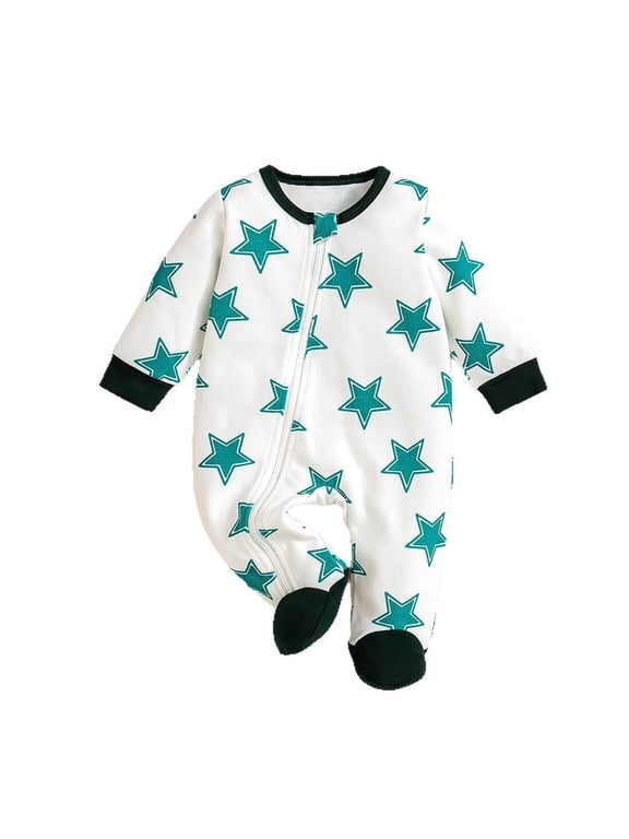 Newborn Boy's Footed Romper Waffle Knit One Piece Jumpsuit with Star Graphic Zipper Sleepwear Bodysuit
