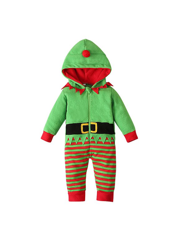 Newborn Boy's Full Zip Romper Elf Hood Accent Long Sleeve Stripe Print Jumpsuits Daily Bodysuit