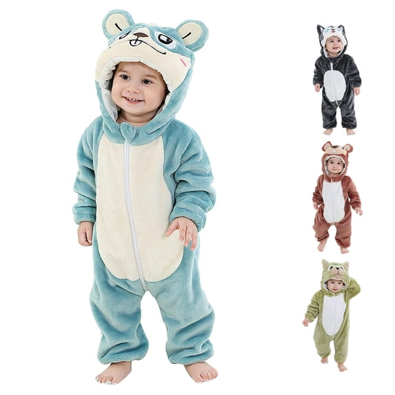 Oiyii Newborn Boy's Halloween Plush Chipmunk Clothes Set Zip Up Hooded Long Sleeve Jumpsuit Holiday Bodysuit Infant Baby Outfit,Light Blue