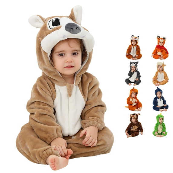 Oiyii Newborn Boy's Halloween Shark Romper Flannel Fleece Zipper Hooded Long Sleeve Jumpsuit Holiday Onesie Warm Jumpsuit,Khaki