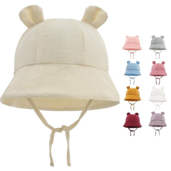 Oiyii Newborn Girl’S Light‑Weight Sun Hats Bear‑Ear‑Decorated Baby Bucket Hats, Beige