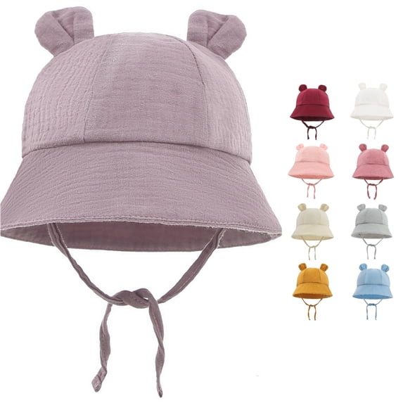 Oiyii Newborn Girl’S Light‑Weight Sun Hats Bear‑Ear‑Decorated Baby Bucket Hats, Light Purple