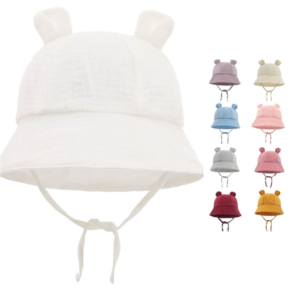 Oiyii Newborn Girl’S Light‑Weight Sun Hats Bear‑Ear‑Decorated Baby Bucket Hats, White