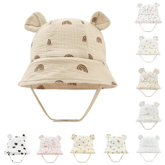 Oiyii Newborn Girl’S Soft‑Fit Sun Hats Bear‑Ear‑Accented Baby Bucket Hats, Khaki
