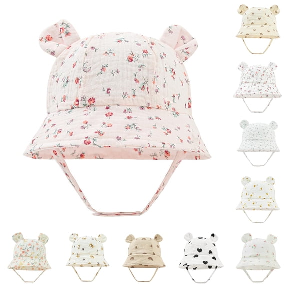 Oiyii Newborn Girl’S Soft‑Fit Sun Hats Bear‑Ear‑Accented Baby Bucket Hats, Light Pink