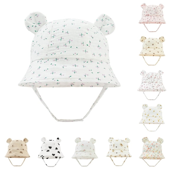 Oiyii Newborn Girl’S Soft‑Fit Sun Hats Bear‑Ear‑Accented Baby Bucket Hats, White1