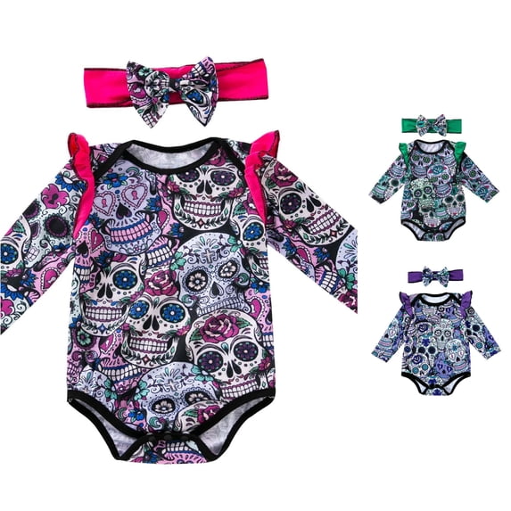 Oiyii Newborn Girl's Whimsical Halloween Romper Long Sleeve Sugar Skull Bodysuit Newborn Jumpsuit,Red