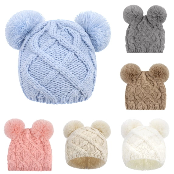Oiyii Newborn Girls Double‑Pom‑Pom Pom‑Pom Hat Solid Beanie Hats Daily‑Wear Headwear, Light Blue