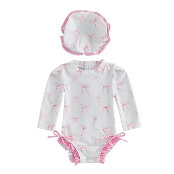 Oiyii Newborn Girls One-Piece Swimsuit Summer Long Sleeve Ruffle Rash Guard with Swim Hat