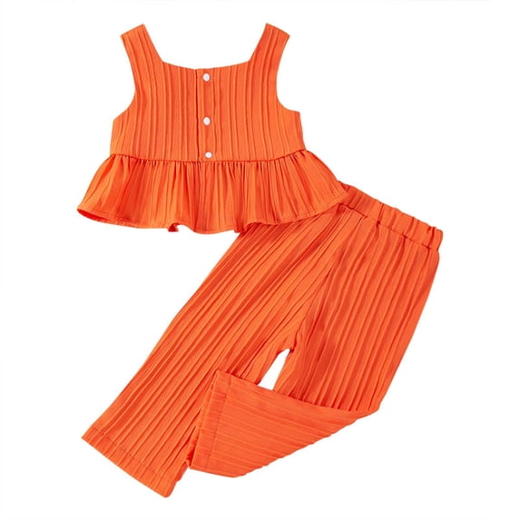 Oiyii Newborn Girls Summer Outfits Casual Solid Ruffle Sleeveless Top Pants Set, Sizes 6M-3T