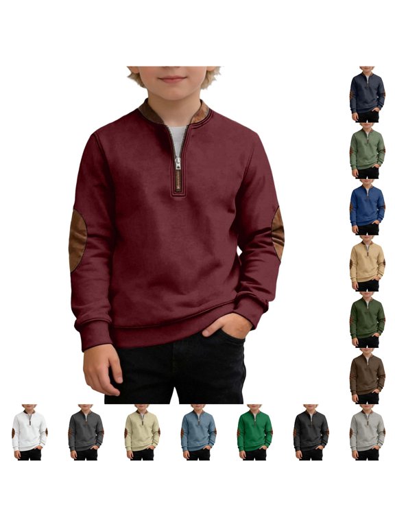 Retro Half‑Zip Sweatshirt for Toddler Boys Long‑Sleeve Elbow Patch Accent Casual Pullover Tops