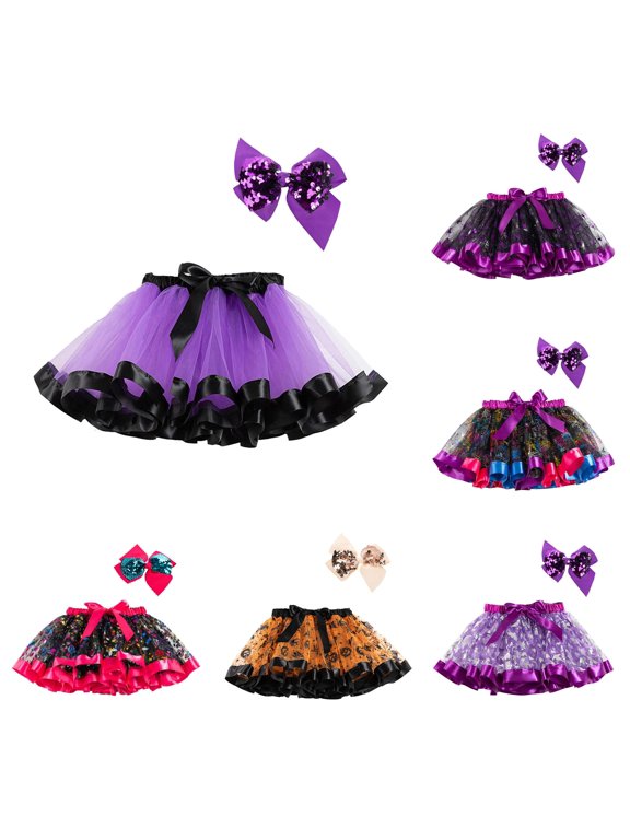 Ribbon Summer Halloween Tutu for Big Girls Elastic Waist Spider Print Skirts for Kids,Purple