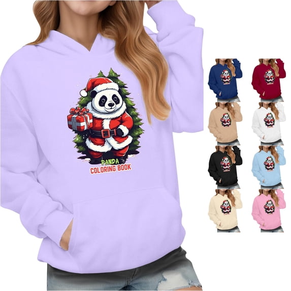 Oiyii Santa Panda Christmas Graphic Hoodie for Little Girl Long Sleeve Street Hooded Sweatshirt Pullover Top,Purple