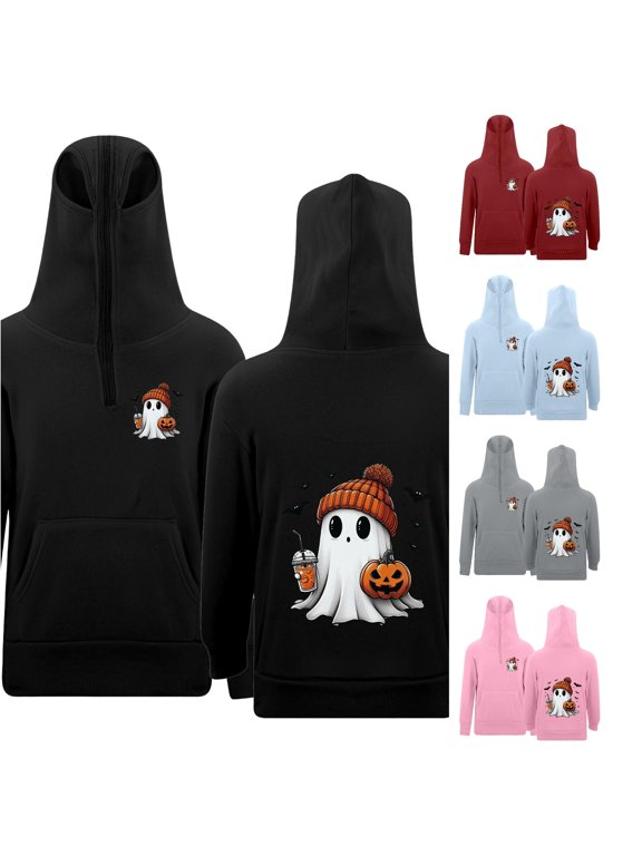 Simple Ghost Pumpkin Coffee Print Half Zip Hoodie for Kids Long Sleeve Cute Hoodie Sweatshirt Pullover Top,Black
