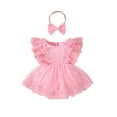 thumbnail image 1 of Oiyii Summer Baby Girls Lace Ruffle Sleeveless Romper Bodysuit Headband Set, Sizes 0-18 Months, 1 of 8