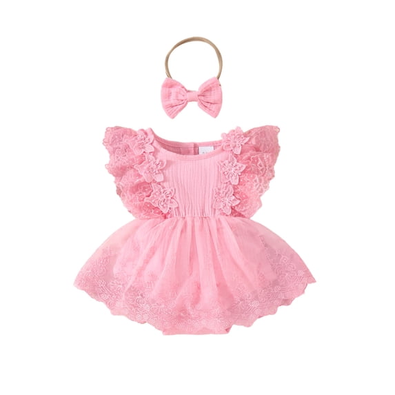 Oiyii Summer Baby Girls Lace Ruffle Sleeveless Romper Bodysuit Headband Set, Sizes 0-18 Months