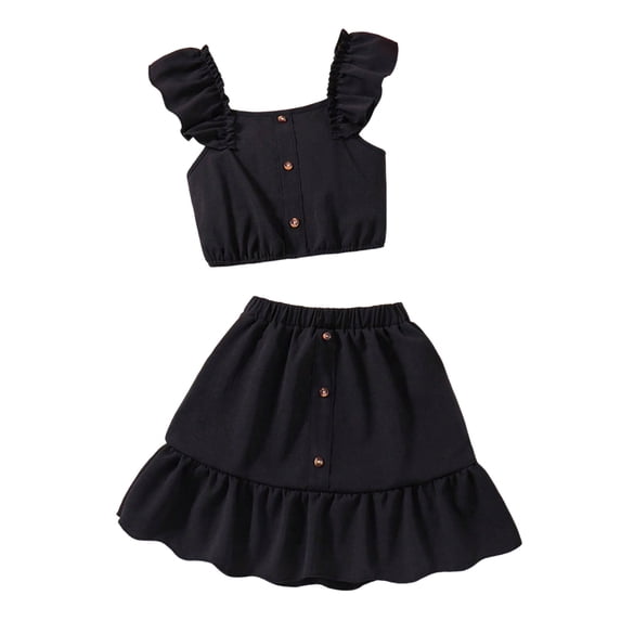 Oiyii Summer Girls Outfits Solid Ruffle Sleeveless Top Button Front Skirt Set, Sizes 7-12