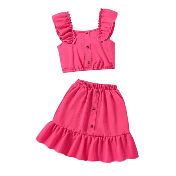 Oiyii Summer Girls Outfits Solid Ruffle Sleeveless Top Button Front Skirt Set, Sizes 7-12