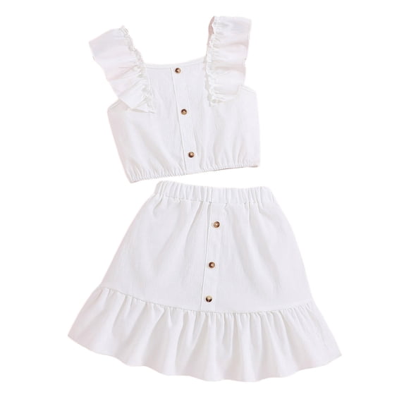 Oiyii Summer Girls Outfits Solid Ruffle Sleeveless Top Button Front Skirt Set, Sizes 7-12